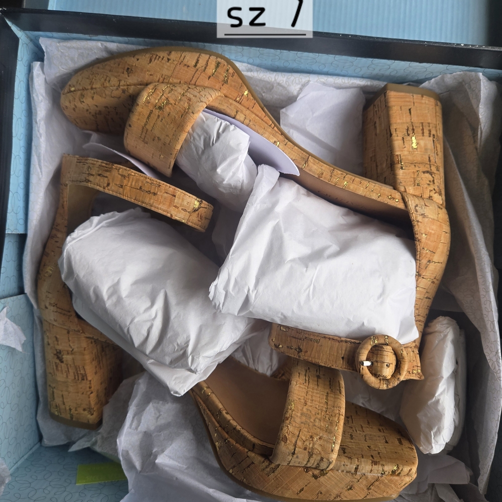 Women's Bernardo Carla Tan Cork Block Heel Sandals With Gold Flecks